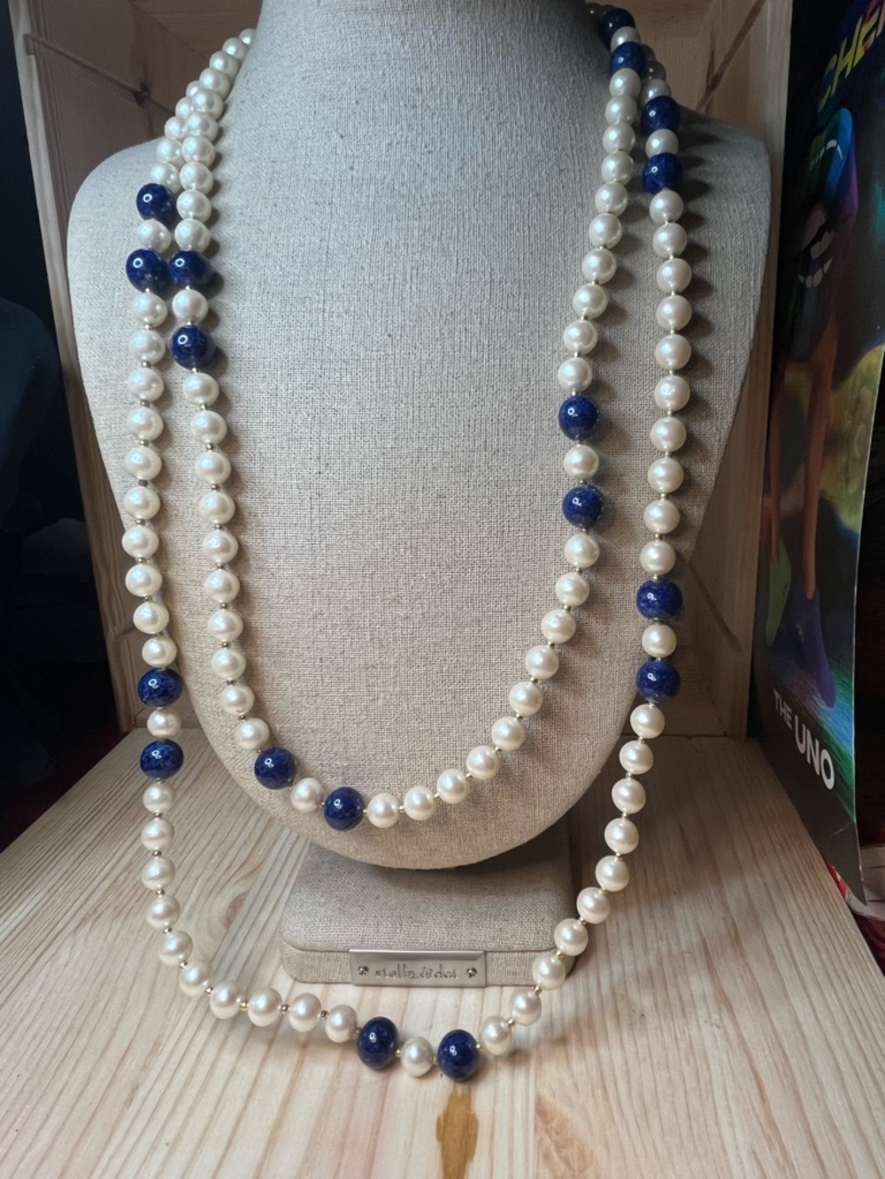 Signed Joan Rivers faux Pearl and Blue lapis Bead Necklace